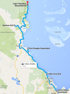 Google Maps Karte, Verlauf der Tour von Cairns nach Cape Tribulation